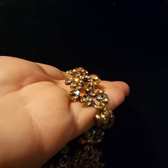 Vintage MCM Golden AB Rhinestone Flower Necklace Heavy Gold Plate Rivoli Stones - Picture 6 of 14